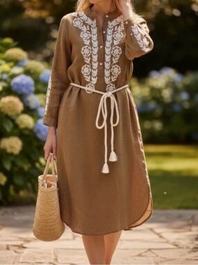 Women’s EX VOTO NWT Doe Ivy Caftan Dress Embroidery Dress-Beige-XL